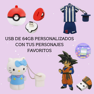 UBS 64GB PERSONALIZADOS CON TUS PERSONAJES FAVORITOS (HELLO KITTY/ GOKU / ALIANZA LIMA / POKE BOLA / OTROS)